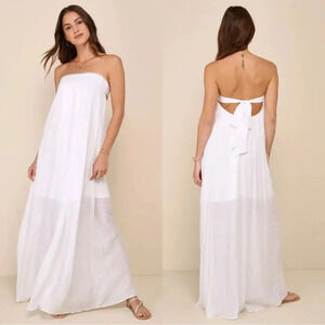 NWOT Lulus Adoring Sunshine White Crochet Tie-Back Strapless Maxi‎ Dress